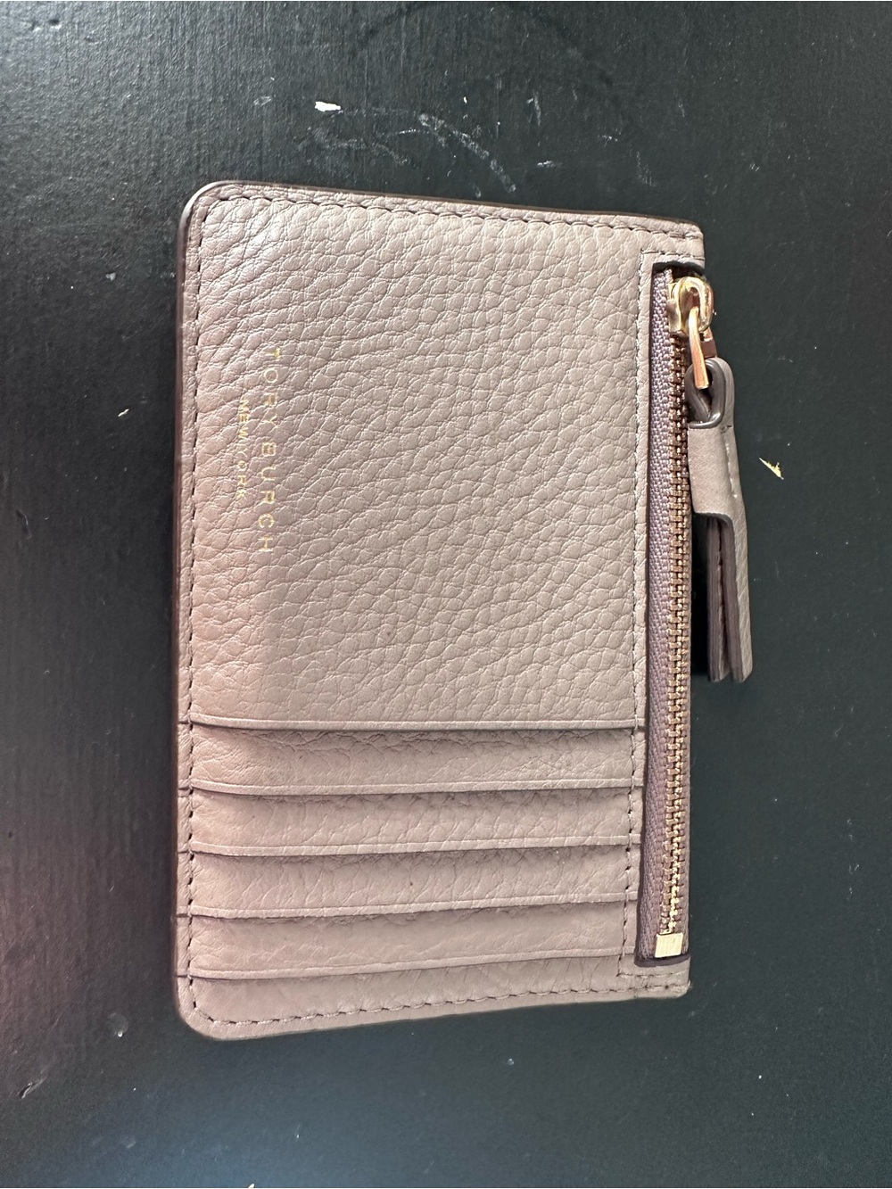 Tory Burch Taupe Leather Card Wallet with Zip Pocket